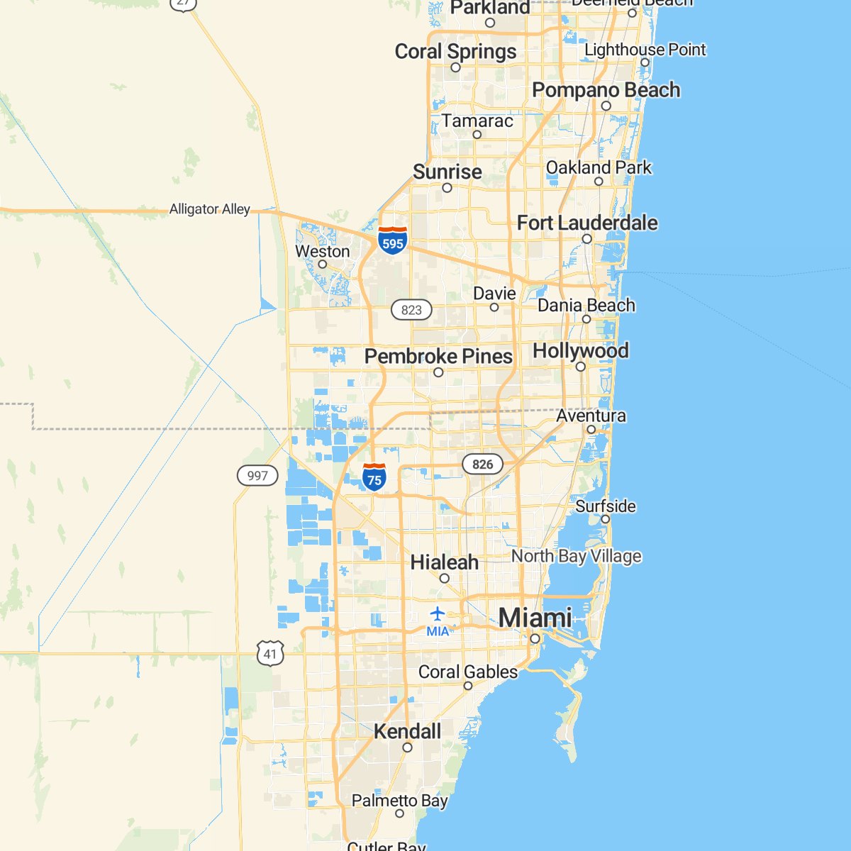 Map of the Broward and Miami-Dade service area around Pembroke Pines, Florida